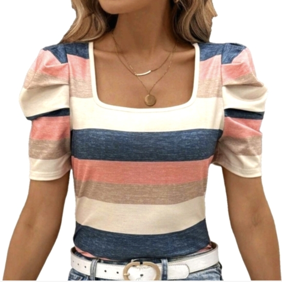 unbranded Tops - Petite Top Short Sleeve Lightweight Shirt Tops Square Necks Puff Sleeve T-shirt